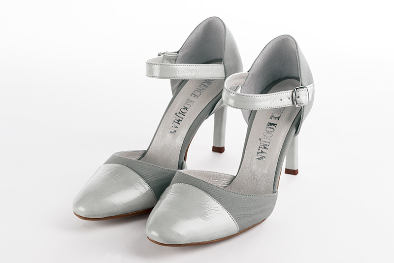 Pearl grey women's open side shoes, with an instep strap. Round toe. Very high slim heel. Front view - Florence KOOIJMAN